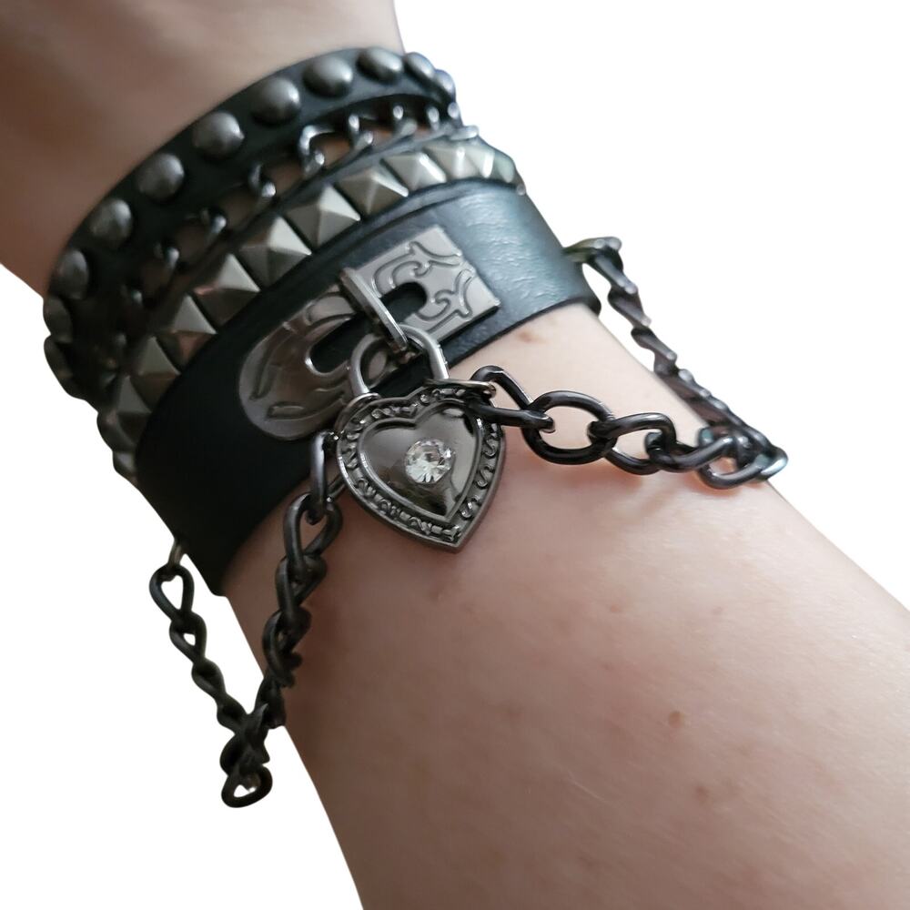 2 piece gothic studded black synthetic leather bracelet set with heart & chains